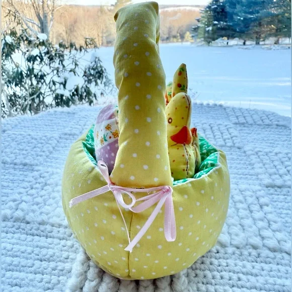 Vintage Handmade Fabric Plush Easter Basket with Bunny, chick and eggs - Picture 4 of 15